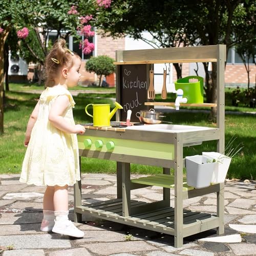 Matschküche Kinder Outdoor, Holzspielzeug-Spielküchenset für Jungen und Mädchen im Alter von 3–8 Jahren, Drinnen und Draußen Outdoor-Aktivitäten mit Wasserspüle Mud Kitchen Playset for Kids