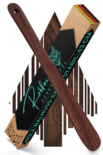 Robfox Holz Schuhlöffel I 43 cm LANG & EXTRA STABIL I Langer Walnuss Schuhanzieher I kompakte Schuh Anziehhilfe I Schuhauszieher kurz - shoe horn I Edel in dunkelbraun mit Design Verpackung