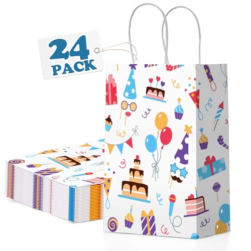 Switory Geschenktüten 24 Stück Party Papiertüten, Weiß Klein Papiertüten mit Henkel zum Mitgebsel Geburtstag, Kindergeburtstag, Geschenken, Party 15x8x21CM