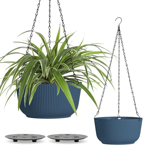 T4U Φ25cm Blumenampel Plastik 2er Set, Hängeampel mit Ketten, Blumenampel mit Bewässerungssystem zum Garten Wohnzimmer Hängeampeln für Draußen für Hängetopf für Pflanzen, Blumentopf Hängend Blau