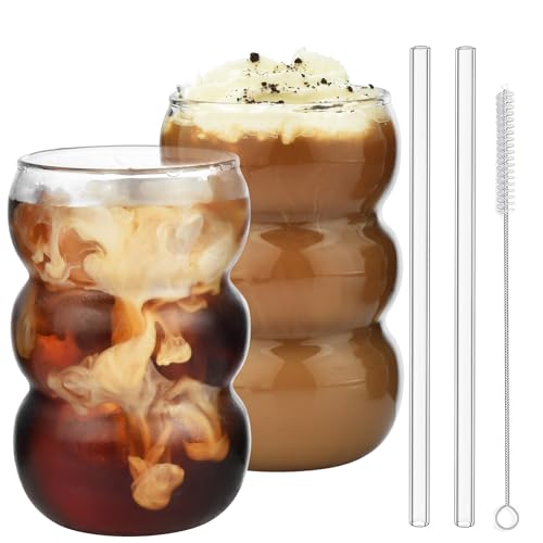 VITEVER Latte Macchiato Gläser Set, 2 Kaffeegläser perfekt geeignet für Cappuccino, Caffe Lungo oder Americano, Spülmaschinenfest, Bubble Gläser 550 ml，Kostenlose Bürste und Strohhalm