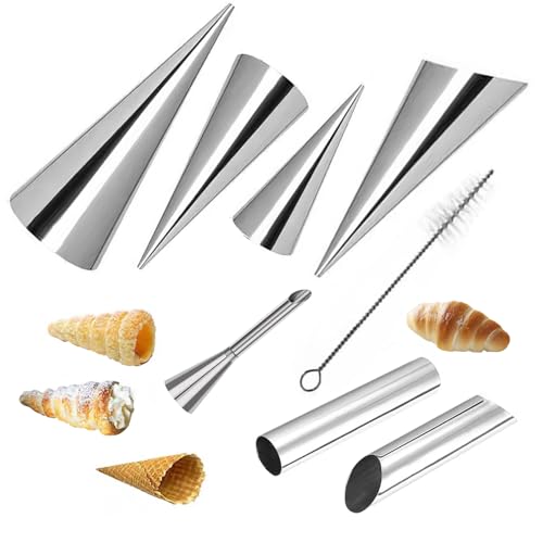 Cannoli Formen Edelstahl Schillerlockenform 7 Stück Backform für Schaumrollen Kegelförmige Horn Backform Spritztülle mit Reinigungsbürste