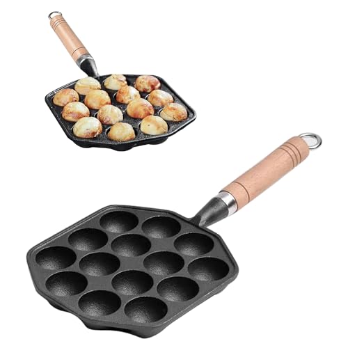 Tissting Takoyaki Pfanne Grillpfanne 14 Löcher 3,6cm Loch Antihaft Gusseisen Oktopus Pan mit Abnehmbarem Griff, Pancake Poffertjes Bratpfanne für Gasherd Induktionsherd Keramikkochfeld