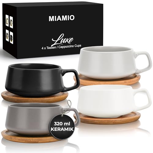 MIAMIO - 4 x 320 ml Kaffeetassen/Cappuccino Tassen mit Unterteller/elegant/modern/Kaffeebecher aus Steingut - Luxe Kollektion 4er Set (Klassisches Pastell)