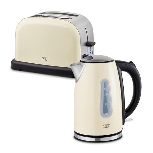 KHG Frühstücksset 2-teilig Wasserkocher & Toaster, Creme Beige Retro American Diner Stil, Kapazität 1,7 Liter & 2 Toastscheiben, 360° Sockel, Kalkfilter, 6 Röstgradstufen, Auftau- & Aufwärmfunktion