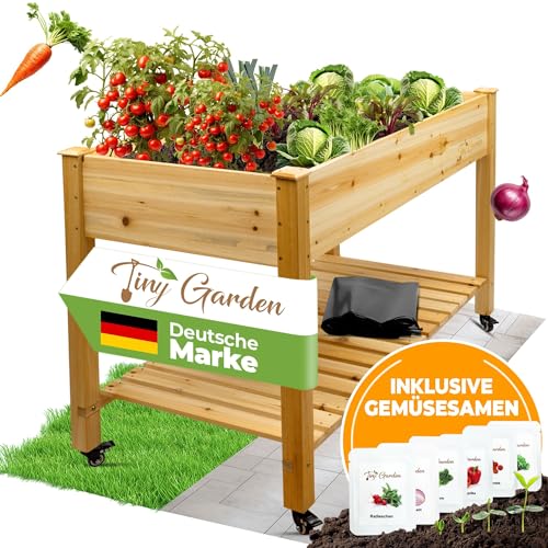 Tiny Garden Premium Hochbeet Balkon, Hochbeet Kinder, 122x59x81,5cm Balkon Hochbeet mit Rollen, Hochbeet Rollen, Kräuterbeet Balkon, Hochbeet Holz Balkon, Hochbeete Balkon, Tischbeet, Balkonbeet