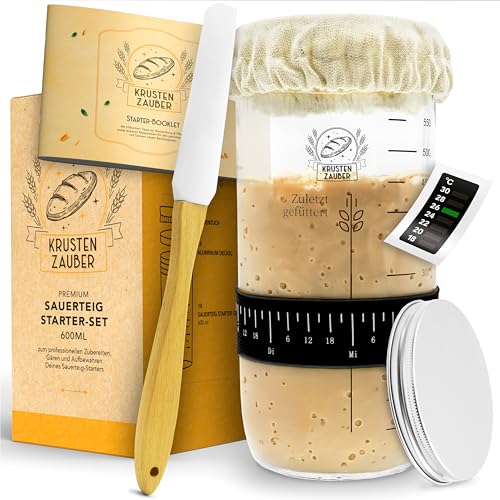 KRUSTENZAUBER Sauerteig Starter Set - 600ml Gärglas mit Spatel u. Thermometer - Brot Backen Zubehör, Sauerteig Glas, Fermentieren, Sourdough Starter Kit, Anstellgut Glas Behälter, Fermentierglas