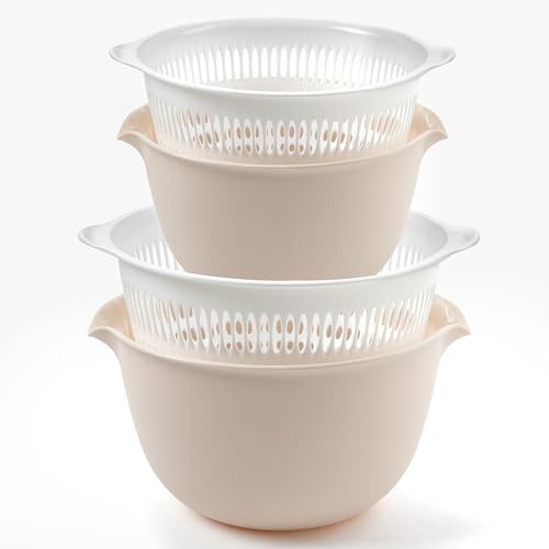 Winter Shore Beige-Weißes Sieb Küche mit Plastikschüssel Set (2er-Pack) - 2-in-1 Lebensmittelechtes Nudelsieb Kunststoff mit Abtropfschalen, 2 Paar - 1,7 l & 1,1 l - Doppelschichtig, für Obst & Gemüse