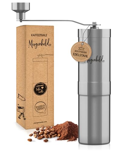 Morgenheld Edelstahl Kaffeemühle manuell mit stufenlosem Keramikmahlwerk Outdoor Espresso Kaffee Handmühle mit Kegelmahlwerk Espressomühle mit Mahlgradeinstellung