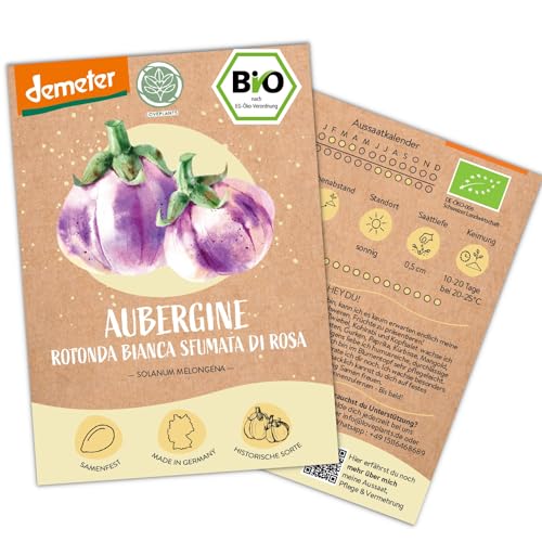 BIO Aubergine Samen, 10 Auberginen Samen, hohe Keimrate, Demeter zertifiziert & samenfest | Gemüse Saatgut von LOVEPLANTS, runde Sorte für Balkon, Garten, Hochbeet – alte Gemüsesorten