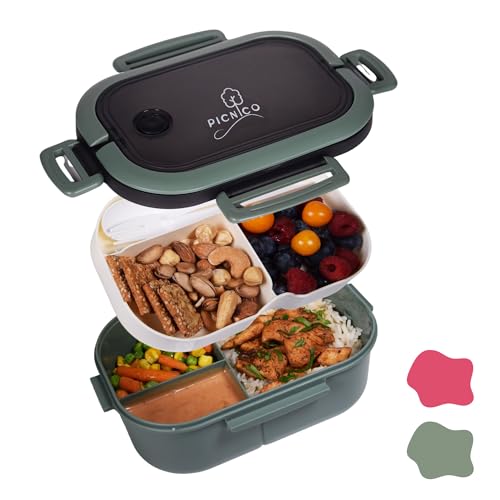 Picnico Lunchbox für Kinder und Erwachsene - Brotdose Kinder mit Fächern - Brotdose mit Fächern - Lunchbox mit Trennwand - Bento Box inklusive Löffel und Gabel - Jausenbox grün