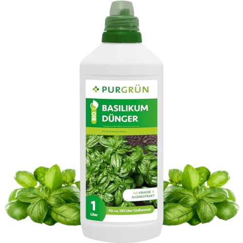 Purgrün® Bio-Basilikum-Dünger | Organische Rezeptur | Premium-Flüssigdünger | NPK 4+1+7 | Mit Algenextrakt & Vinasse | Extra Kalium für buschiges Wachstum | Ohne tierische Inhaltsstoffe | 1 Liter