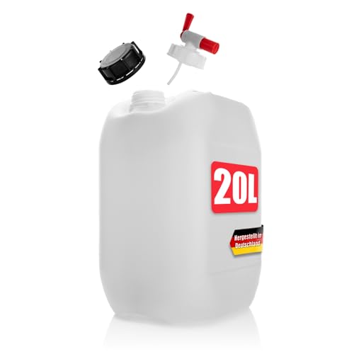 BigDean Wasserkanister 20L mit Auslaufhahn + Schraubdeckel naturweiß - BPA frei lebensmittelecht stapelbar UN-Zulassung DIN 61 - tragbarer Wasserbehälter für Indoor & Outdoor - Made in Germany