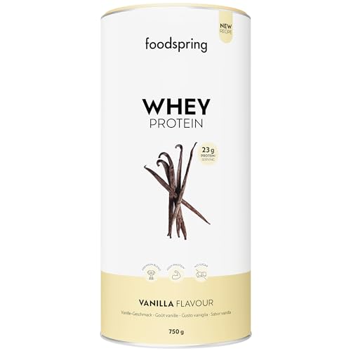 foodspring Whey Protein Pulver Vanille – Mit Eiweiß zum Muskelaufbau, perfekte Löslichkeit, aus Weidemilch, reich an BCAAs & EAAs – neue Rezeptur (750g)