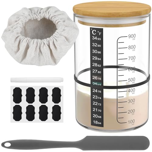 8PCS Sauerteig-Starterglas-Set 900 ml Sourdough Starter Jar Kit mit Holzdeckel, Gummiband, Thermometerpapier, Schaber, Stoffhut, Etikett und Stift Sauerteig Glas zum Backen von Sauerteigbrot (D)