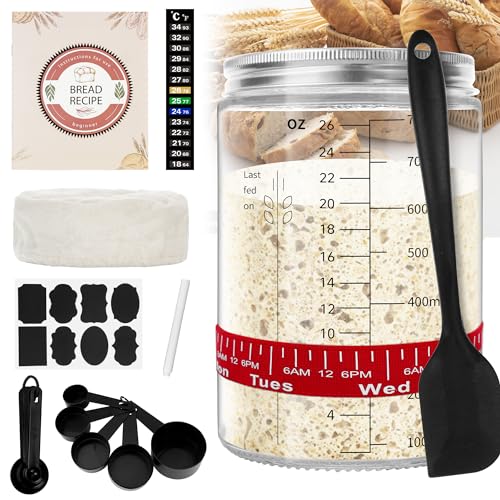 Meetory Sauerteig Starter Set, 770ml Sauerteig Glas, Sourdough Starter Kit mit Rezepten, Thermometer, Fütterungsdatum-Band, Silikon-Spachtel, Stoffabdeckung, Metalldeckel, Messlöffel, Etiketten Stift