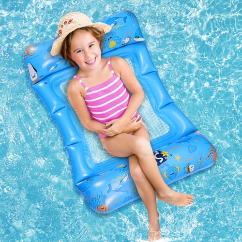 Kazzley Aufblasbare Wasserhängematte für Kinder, 4-in-1 Ozean-Thema Kinder Luftmatratze Pool mit Netz, Luftmatratze Kinder Wasser Sommer Pool Float Schwimmsessel Pool Spielzeug Zubehör