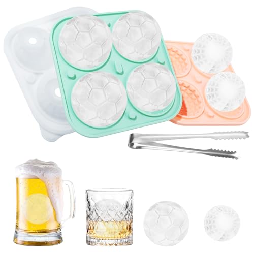 Upgrade 2 Stück Große Fußball Runde Eiswürfelform Silikon, Kugel Eiswürfelbehälter mit Deckel Trichter, 55mm XXL Eiswürfel Eiskugelform BPA Frei Ice Cube Tray 4-Fach Eisbälle Eiswürfelschale Cocktail