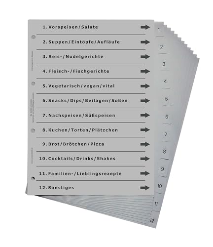 Ordnerregister für Rezepte, durchdachtes Register für DIN A4 Ordner, Rezeptordner für Küche, Backstube und Bar, lichtgrau