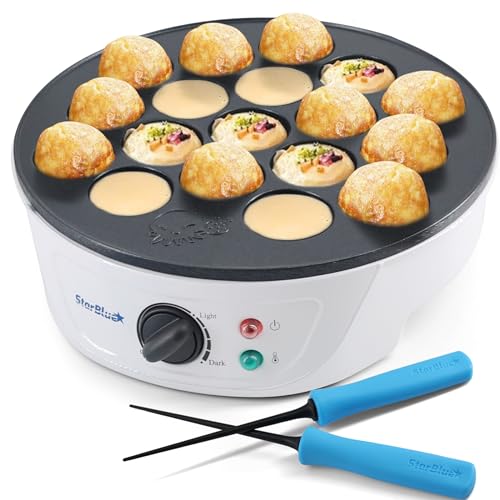 Takoyaki-Maker-Maschine von StarBlue mit KOSTENLOSEN Takoyaki-Picks -Temperaturkontrolle,18 Löcher,elektrische Pfanne für japanische Oktopusbällchen, 220-240V, 50/60 Hz,700 W,UK-Stecker mit EU-Adapter