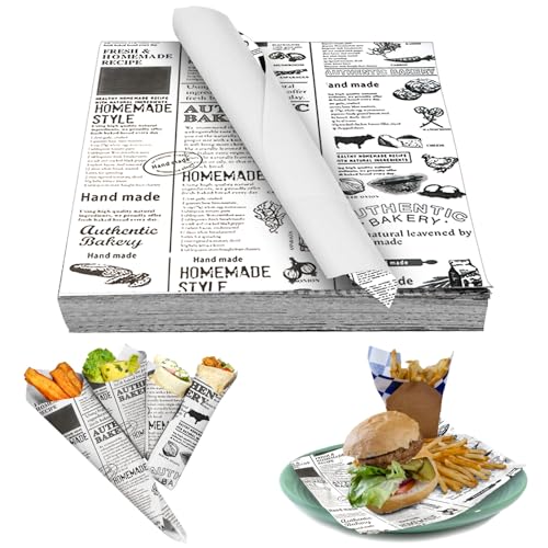 100 Backpapier Zeitungsoptik, 25 x 25cm Backpapier Zuschnitte, Butterbrotpapier, Einschlagpapier, Burger Papier, Brotpapier für Backen, Kochen & Braten, für Burger, Butterbrot, Käse, Pommes