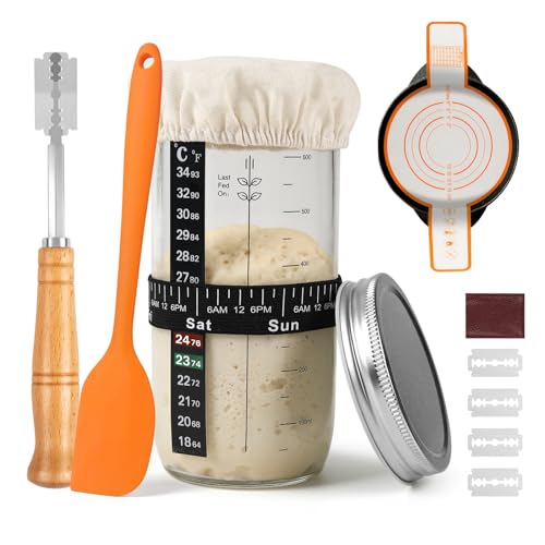 Sauerteig Starter Set,650ml Sauerteig Starter Glas mit Thermometer,Datum markiert Fütterung Band,Silikon Brot Sling,Brot Lame,Silikon Schaber,Cloth Cover & Metall-Deckel,Sauerteig Brot backen Zubehör