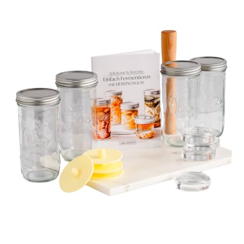 LIEBLINGSGLAS Fermentier Starter Set 4x 0.75 Liter Glasbehälter mit Schraub-Deckel – inkl. Aufsätze, Glasgewichte (7cm wide mouth), Holzstampfer - Haltbarmachen von Gemüse, wie Sauerkraut und Kimchi