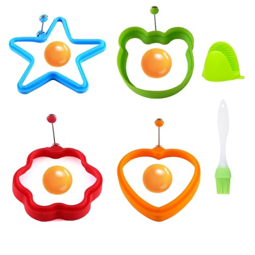 KASESSS 6 Stück Silikon Spiegeleiform Set, Spiegeleierformen für Die Pfanne, Multi-Style Pancake Form, Spiegeleier Form mit Griffen, Eierringe, Eierform für Die Pfanne mit Bürsten und Fäustling