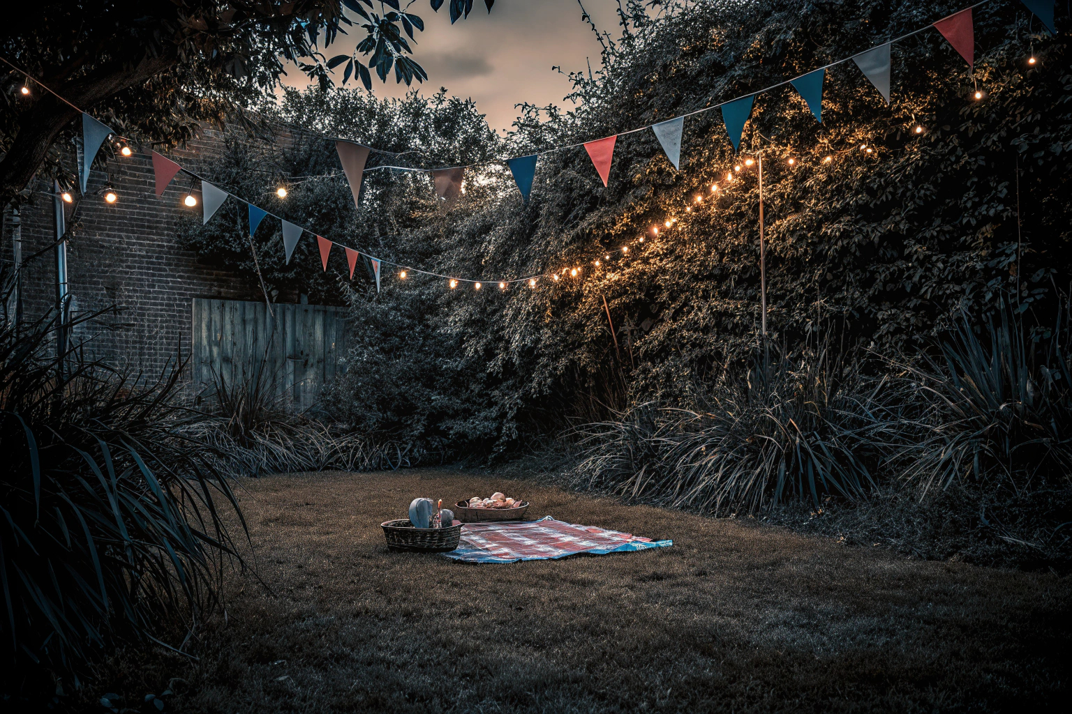 Bunte Wimpelketten und Lichterketten im Garten