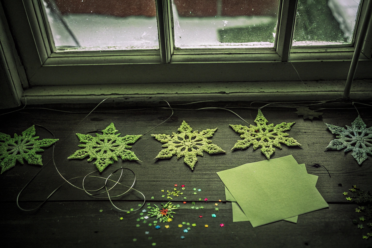 Papier-Schneeflocken mit Pailletten dekoriert