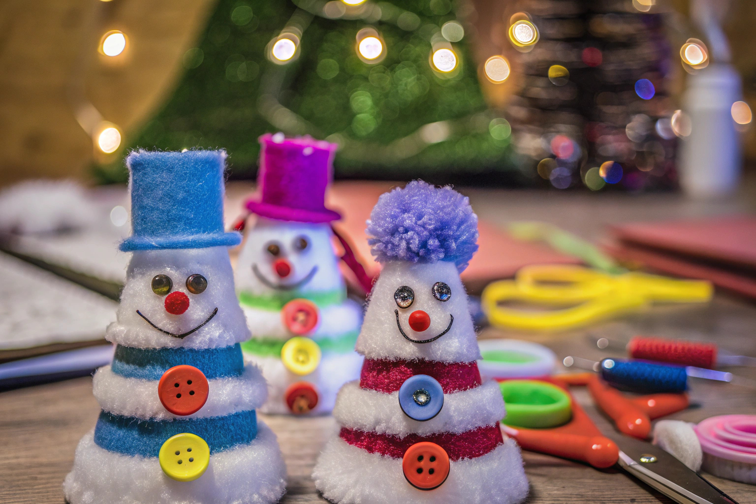 Schneemann-Figuren aus Pfeifenreinigern und Pompons