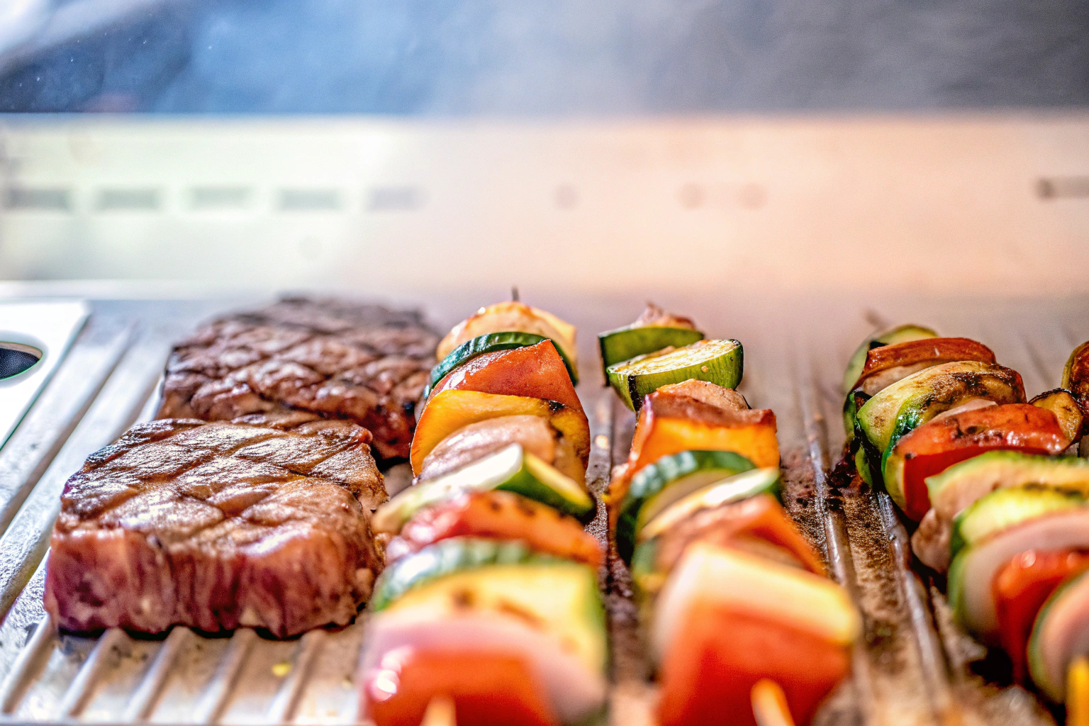 Gemüsespieße und Steaks auf dem Grill