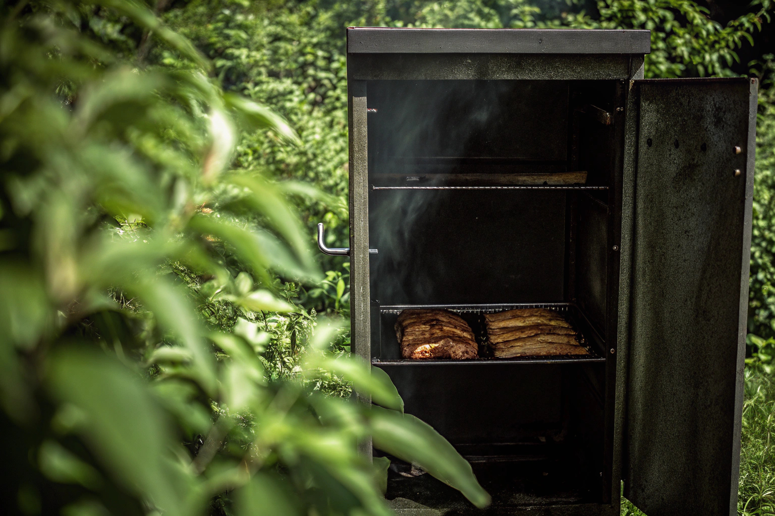 Räucherofen im Garten mit Fleisch und Fisch