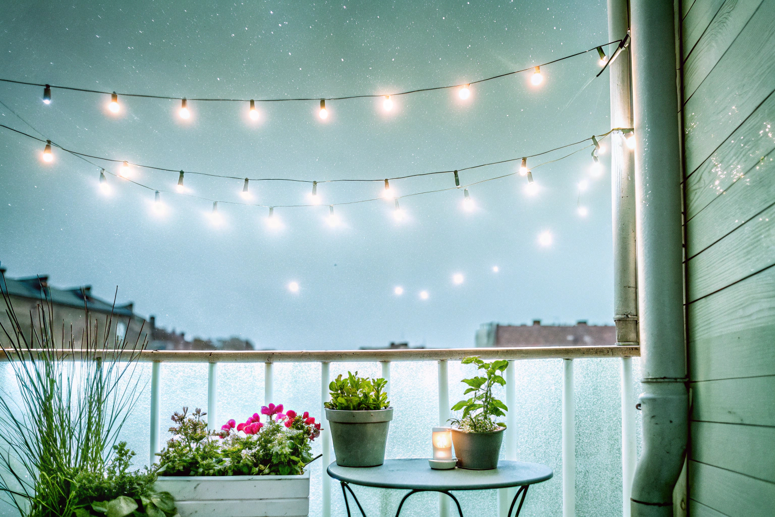 Beleuchteter Balkon mit Solar Lichterkette