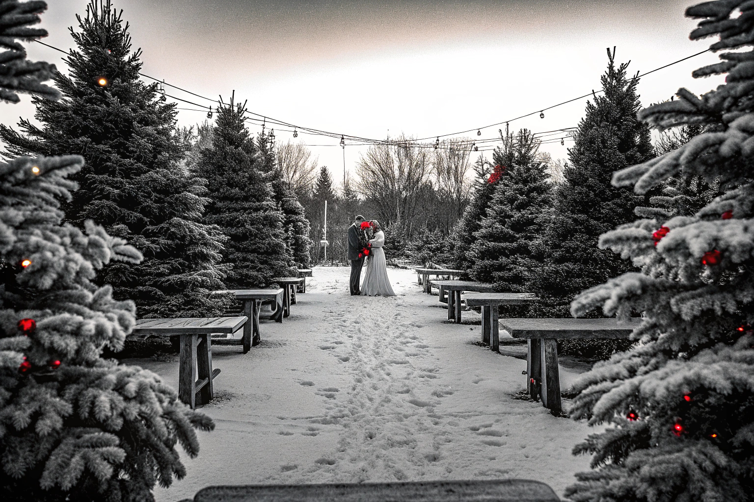 Brautpaar in winterlicher Hochzeitskulisse