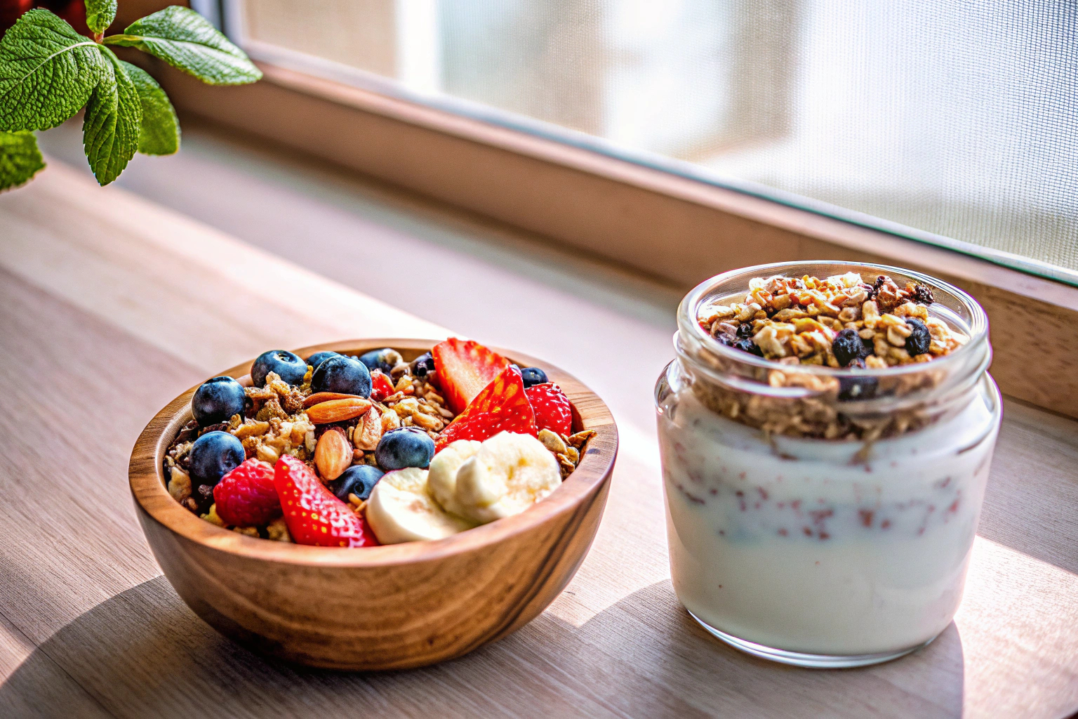 Gesunder Frühstückstisch mit Obst und Müsli