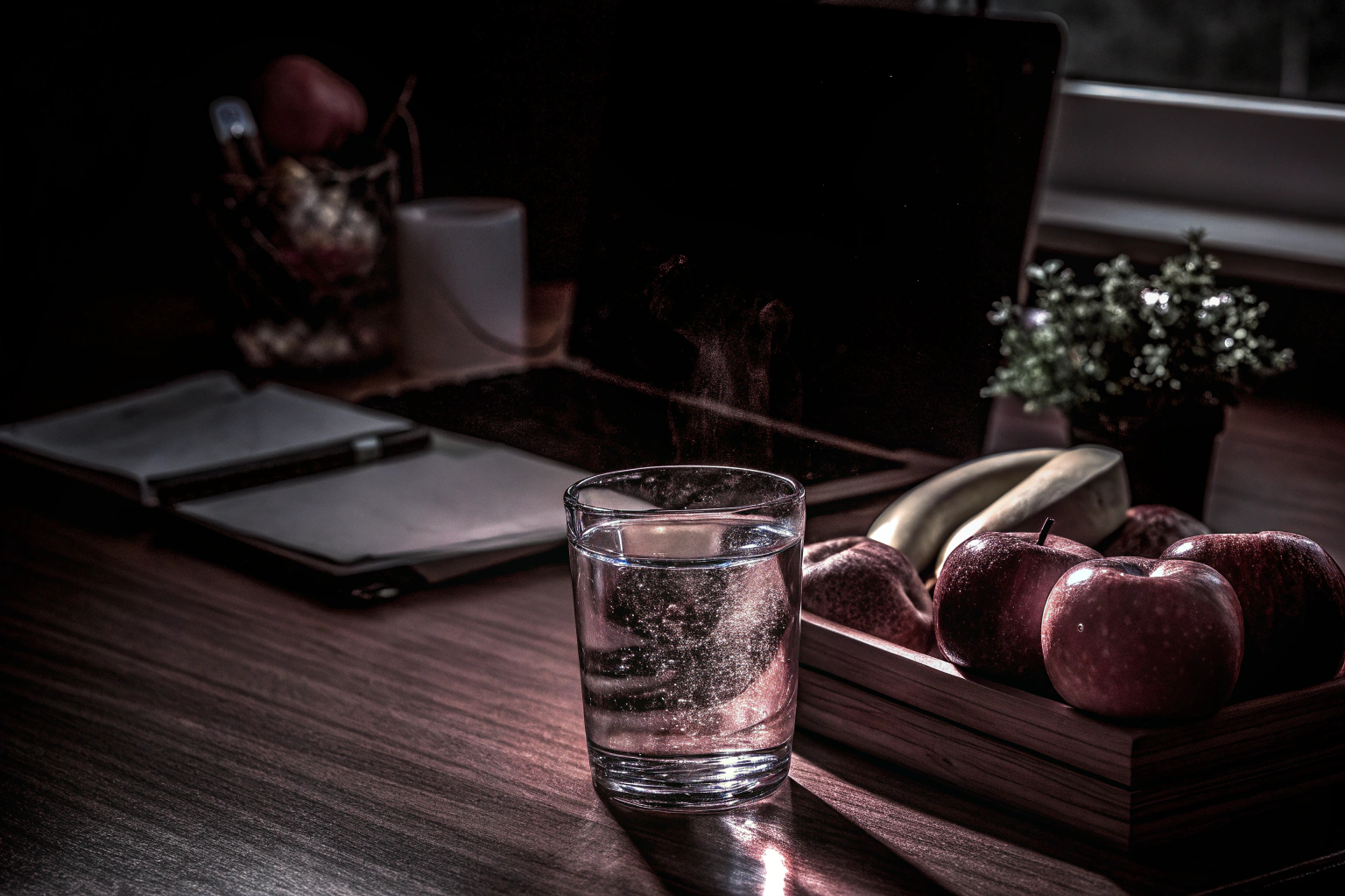 Wasser und Tee auf einem Schreibtisch