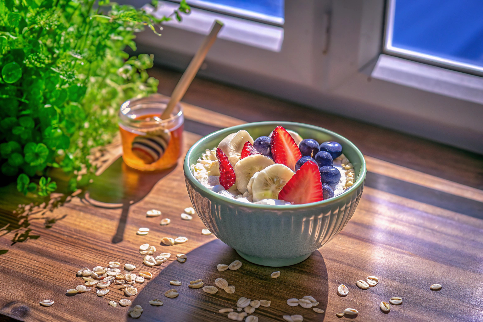 Kind mit Porridge und Obst