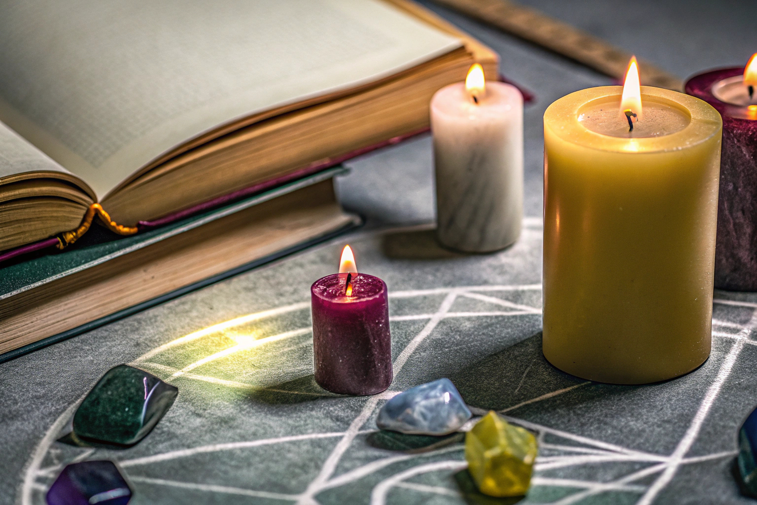 Spiritueller Altar mit Kerzen und Kristallen