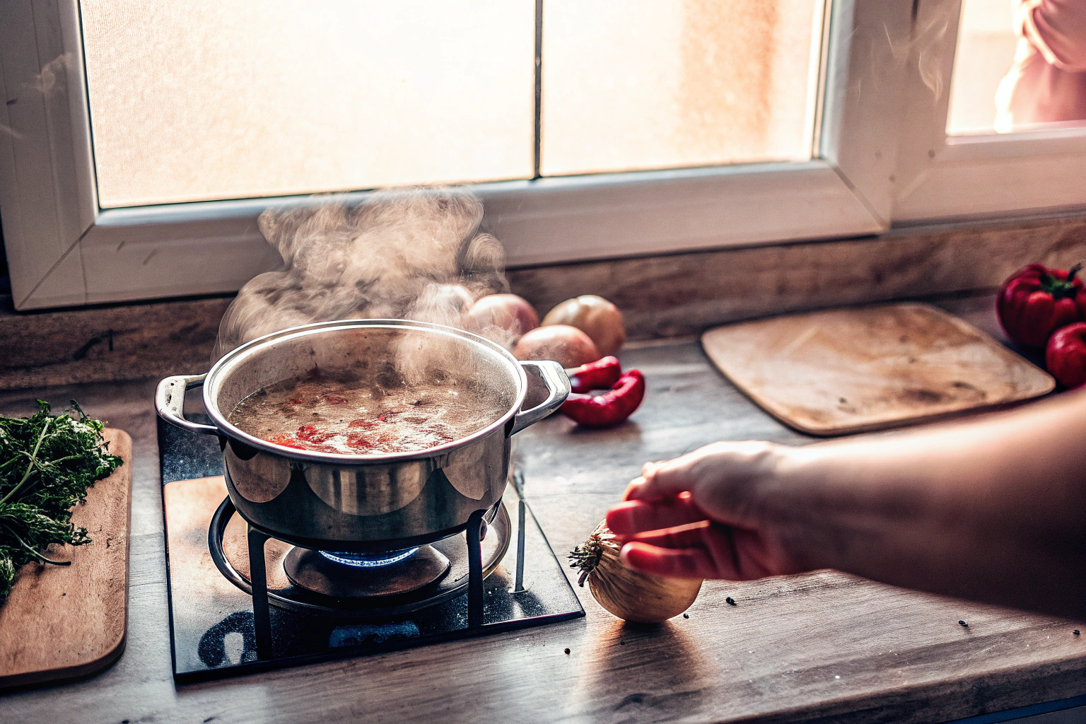 Topf mit Suppe und Kartoffel