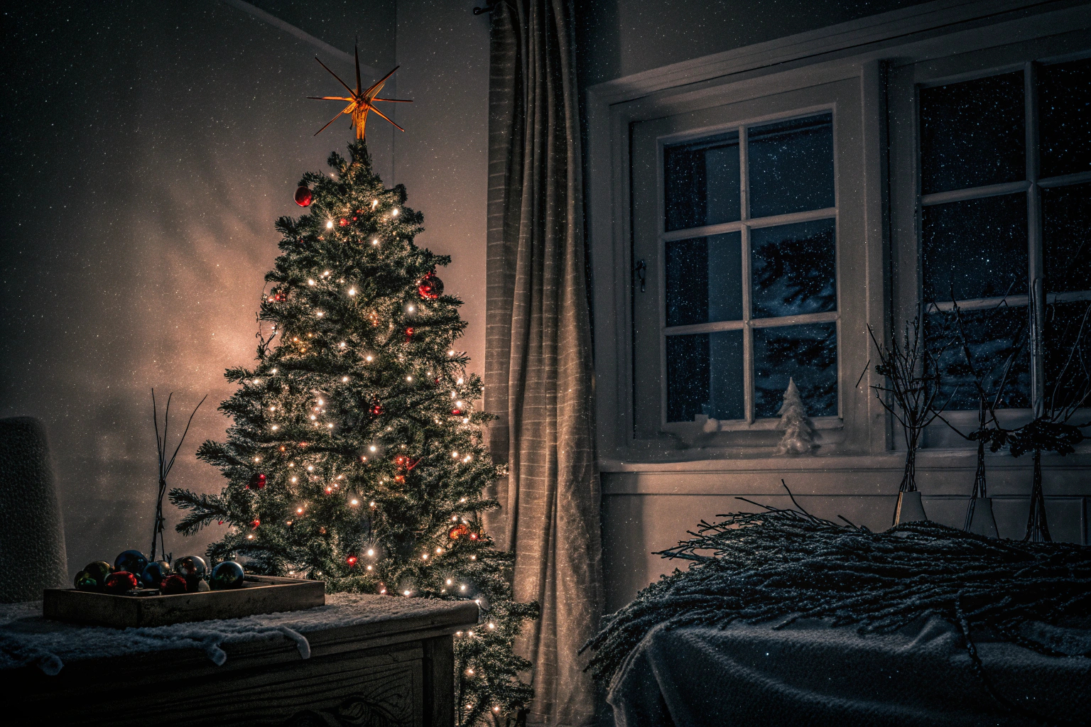 Familie dekoriert Weihnachtsbaum