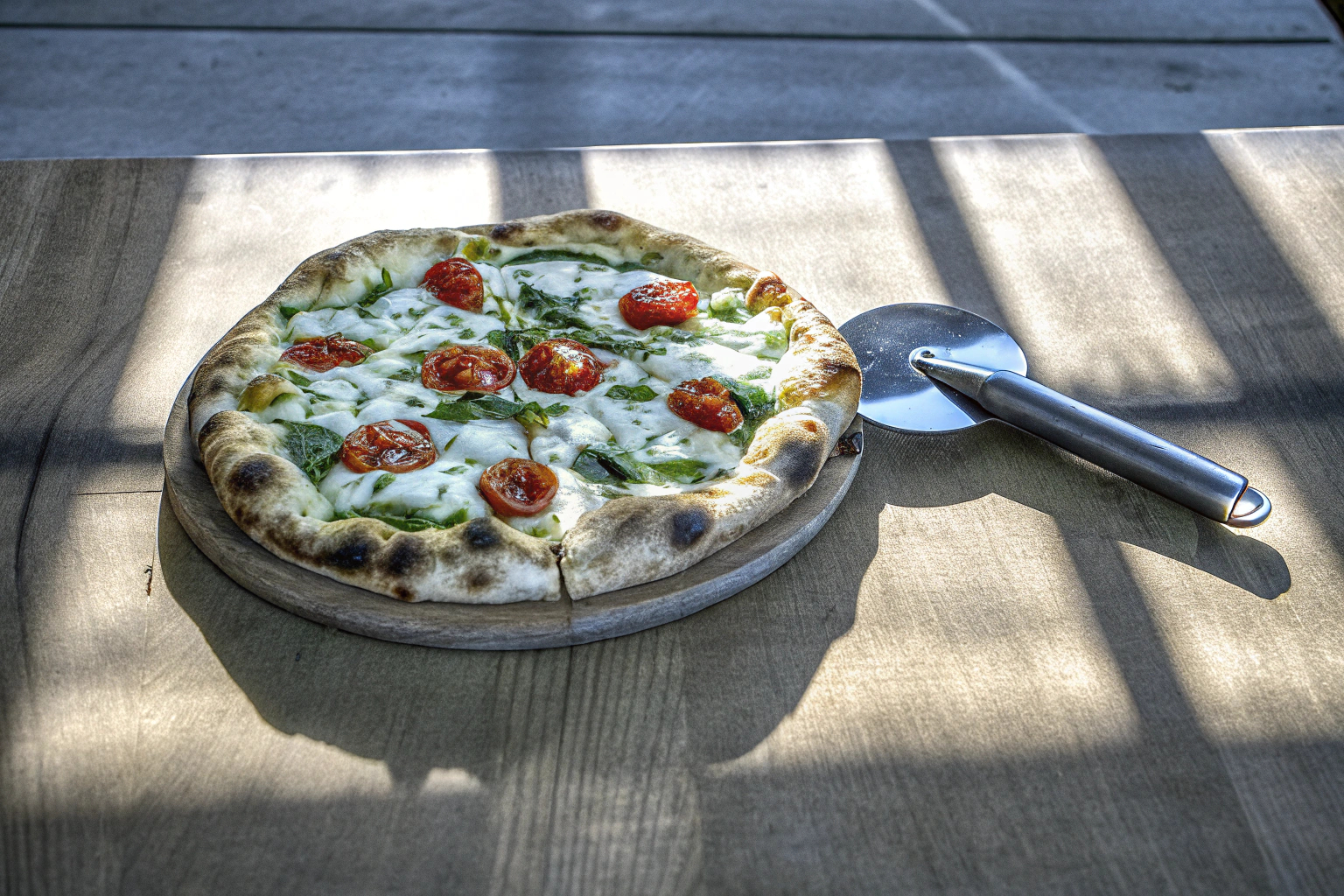 Frische Pizza auf Holzbrett