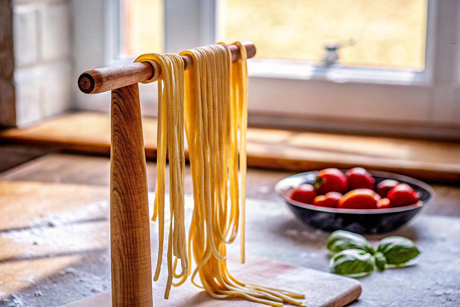 Frische Pasta auf Nudeltrockner