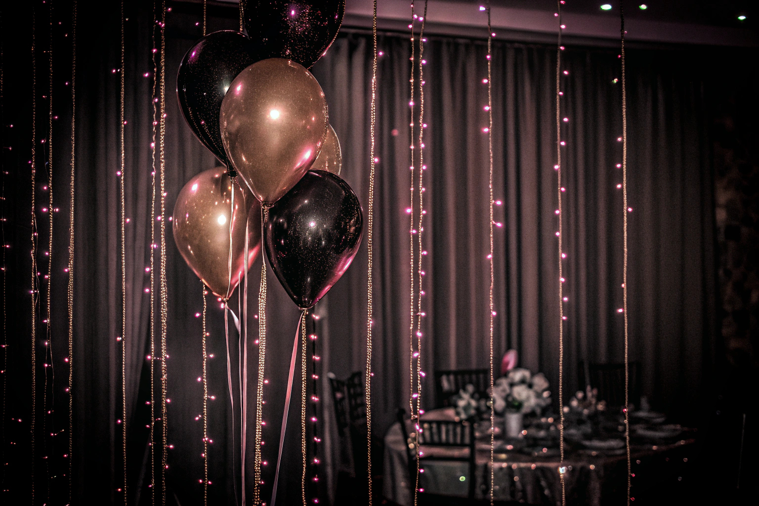 Goldene und schwarze Ballons mit Konfetti