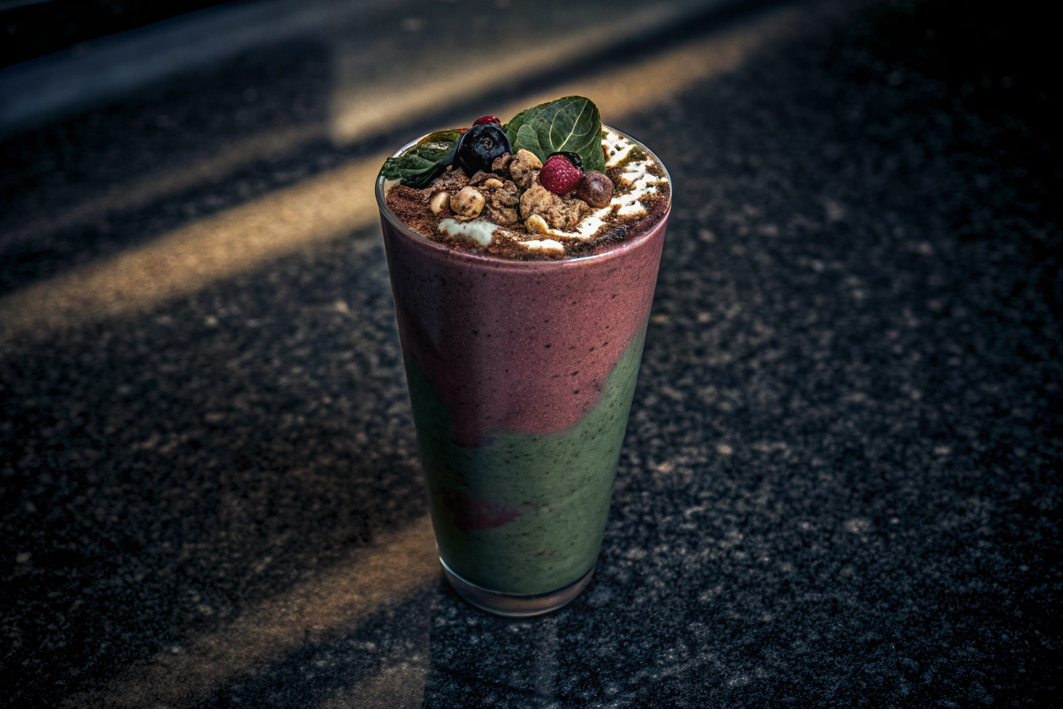 Smoothie mit Toppings aus Nüssen und Beeren