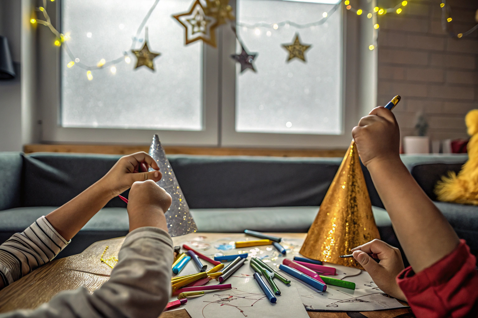 Kinder bemalen Silvester Partyhüte