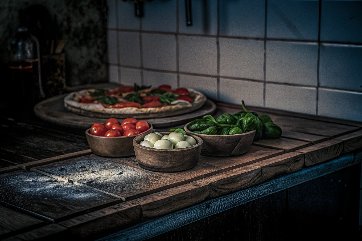 Pizzabelagstation mit frischen Zutaten